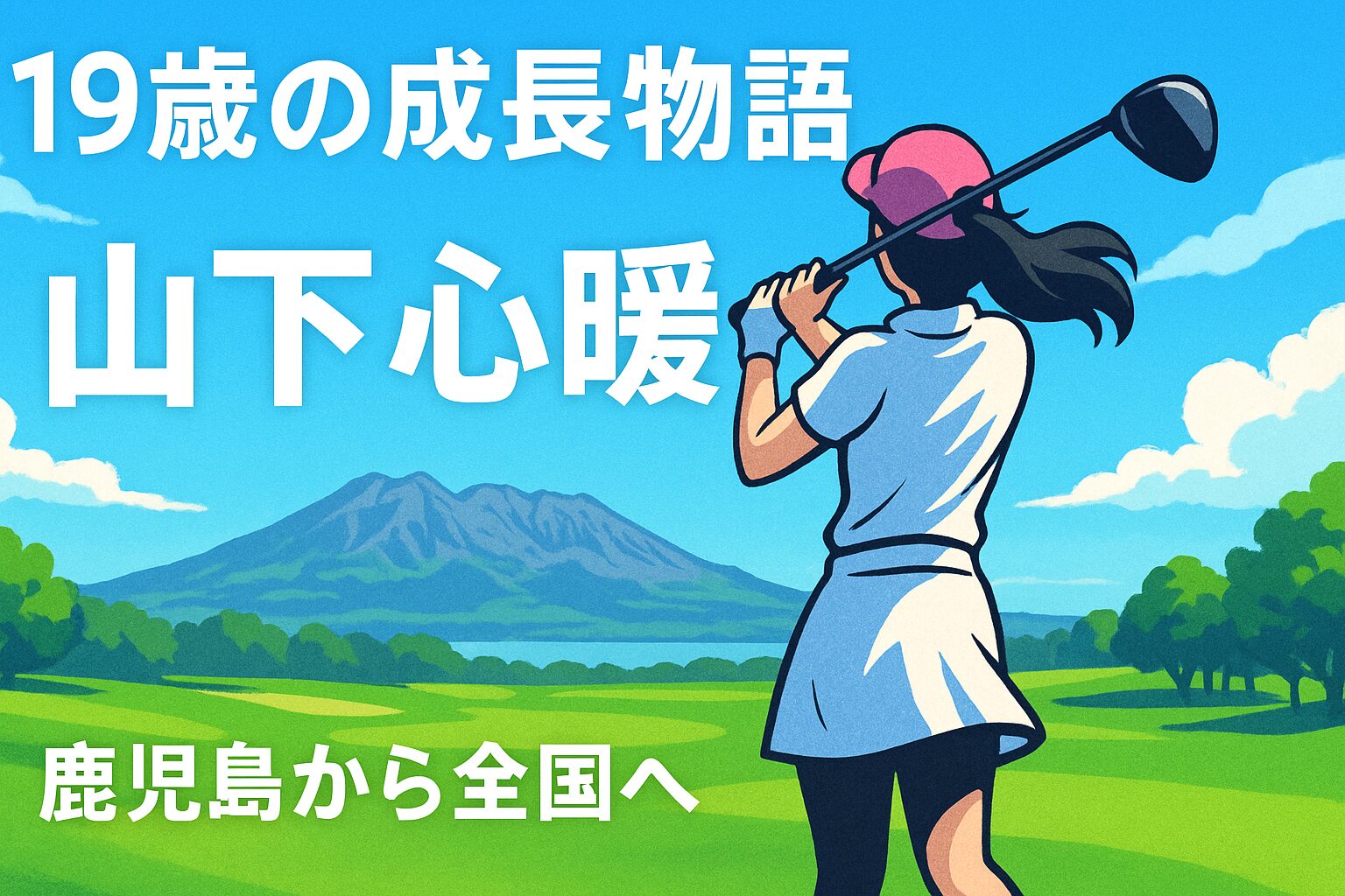 山下心暖選手の成長物語を表現したアイキャッチ画像。ゴルフコースでスイングする女性ゴルファーと桜島の風景