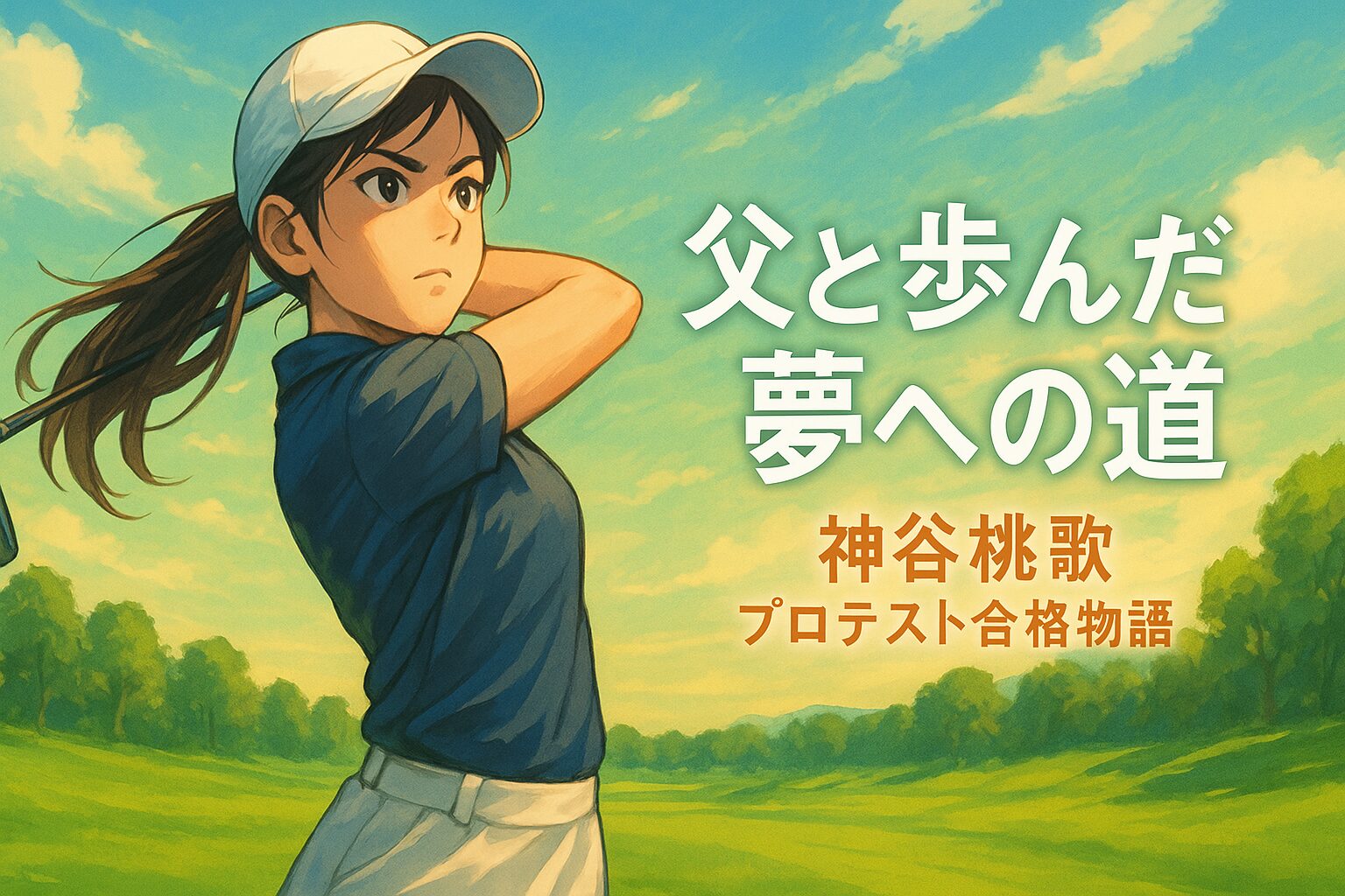 ゴルフクラブを振る若い女性プロゴルファー神谷桃歌選手が、青空の下で真剣な表情を見せている。タイトル「父と歩んだ夢への道 プロテスト合格物語」の文字入り。
