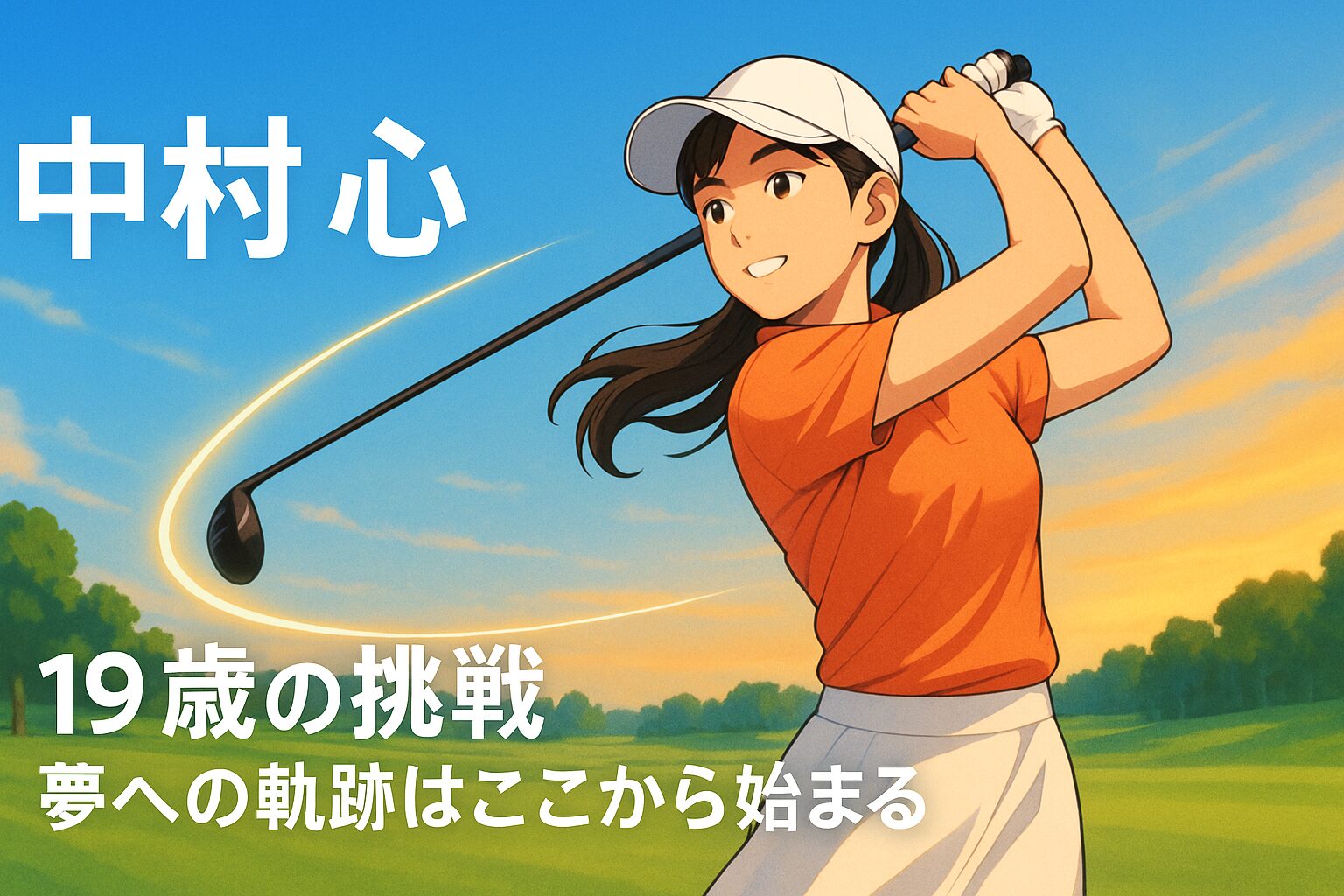 中村心選手のプロフィール記事アイキャッチ｜ゴルフコースでドライバーショットを打つ女性選手のシルエット