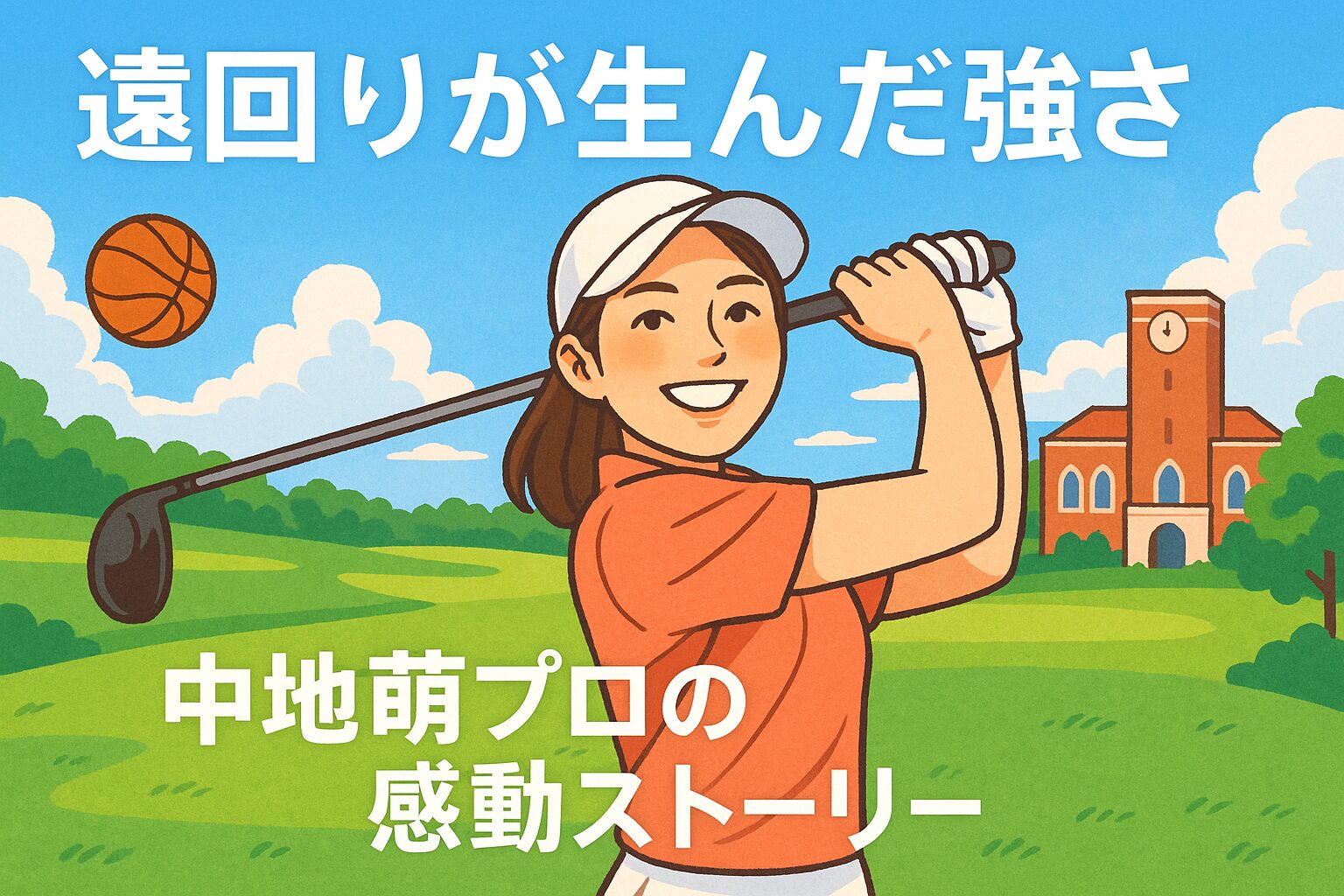 中地萌プロの経歴を表現したイラスト。ゴルフコースでドライバーを構える女性の周りに、バスケットボールと大学キャンパスが描かれている。