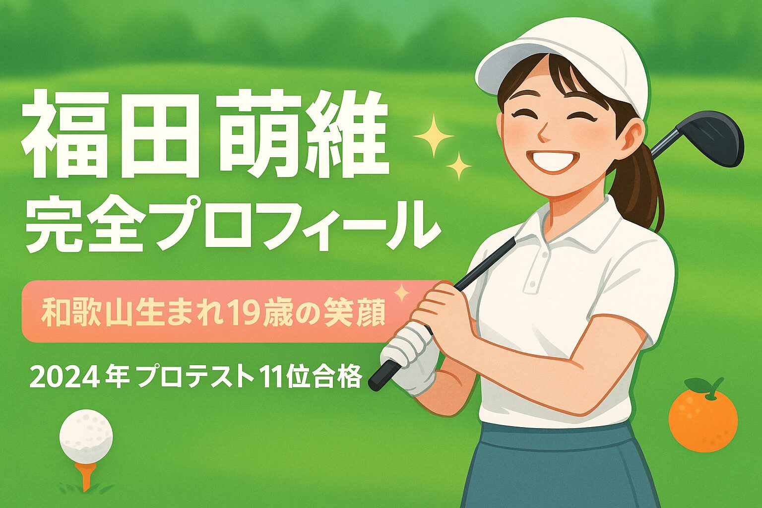 福田萌維選手がドライバーを構えて明るく笑顔でポーズを取るイラスト、背景にゴルフコース