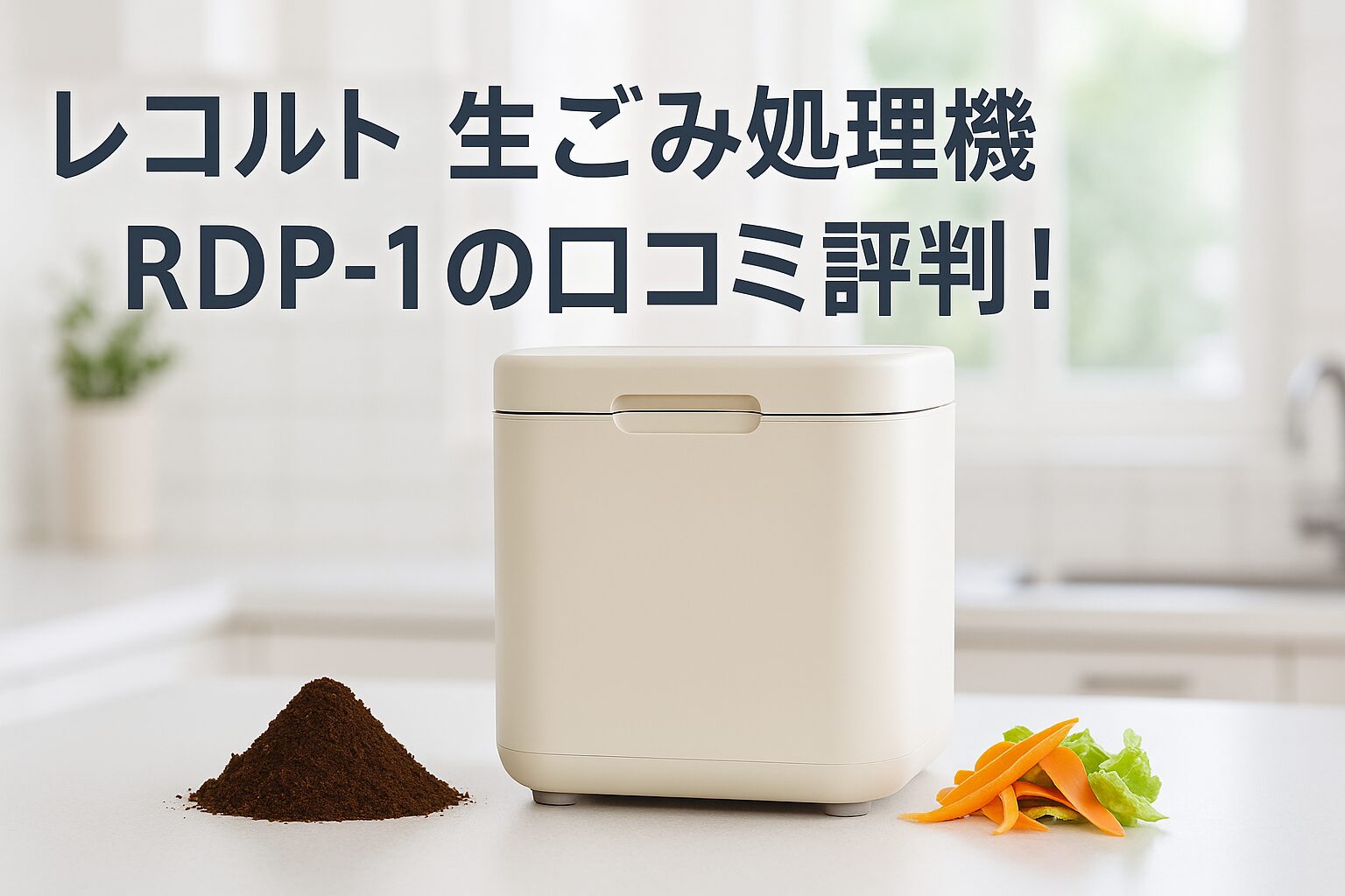レコルト生ごみ処理機RDP-1の口コミ評判というタイトル付きで、キッチンカウンターに置かれた本体と処理前後の生ごみ比較を示す画像