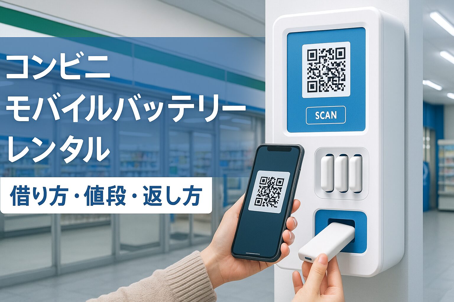コンビニのモバイルバッテリーレンタル完全ガイドのアイキャッチ画像。コンビニ店舗前でスマートフォンを使ってバッテリーレンタルステーションのQRコードをスキャンしている様子。借り方、値段、返し方を徹底解説するガイド記事用。
