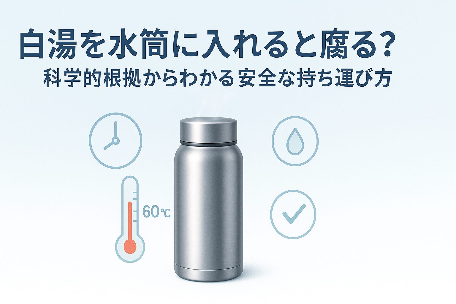 白湯を安全に水筒で持ち運ぶ方法を解説する記事のアイキャッチ画像。ステンレス製水筒と温度計、安全性を示すアイコンが描かれている。
