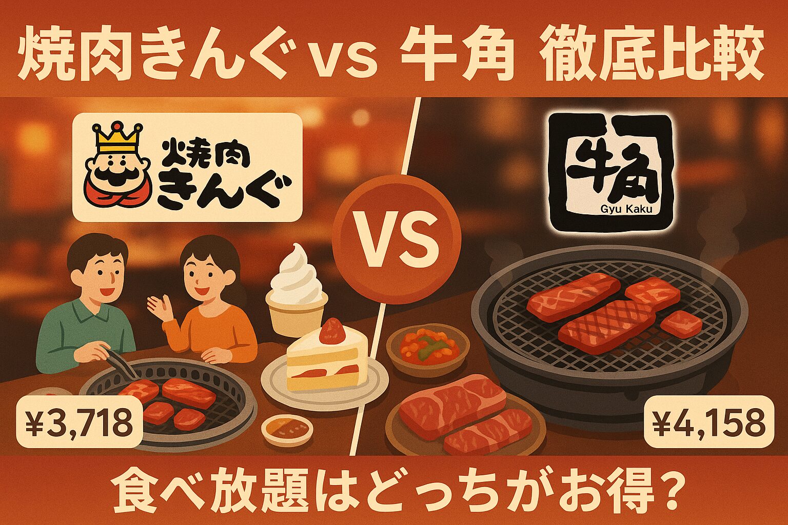 焼肉きんぐと牛角の食べ放題比較を表すアイキャッチ画像。左側に焼肉きんぐの料金とガスロースターで焼く肉、右側に牛角の料金と炭火で焼く肉を配置し、中央にVSの文字。どちらがお得かを比較する記事のメイン画像