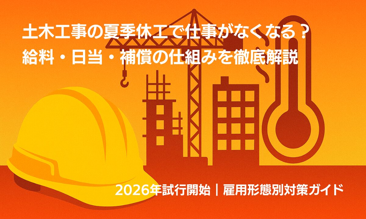 土木工事夏季休工制度による給料・補償問題を解説する記事のアイキャッチ画像。2026年試行開始予定の制度で、正社員・一人親方・派遣など雇用形態別の対策を説明。