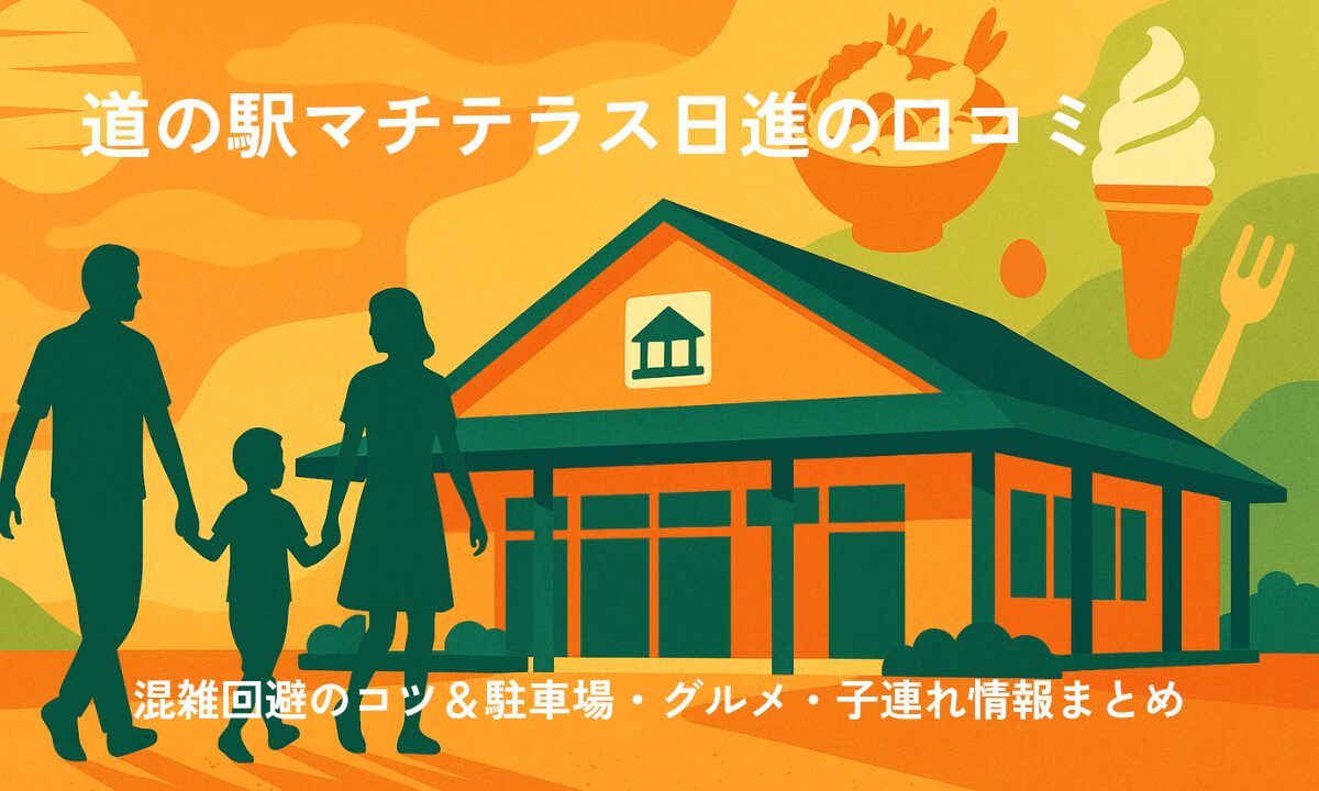 道の駅マチテラス日進の外観と駐車場の様子。2025年8月にオープンした愛知県日進市の新しい道の駅で、ファミリー向けの施設が充実している。