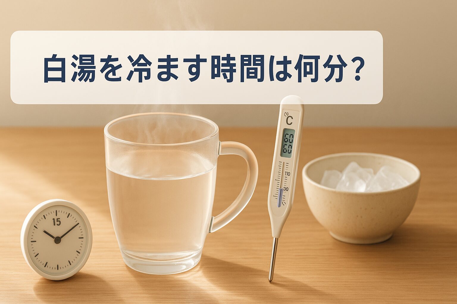 白湯を冷ます時間と適温について解説するブログ記事のアイキャッチ。温度計が50-60度を示すマグカップと時計が写っている画像