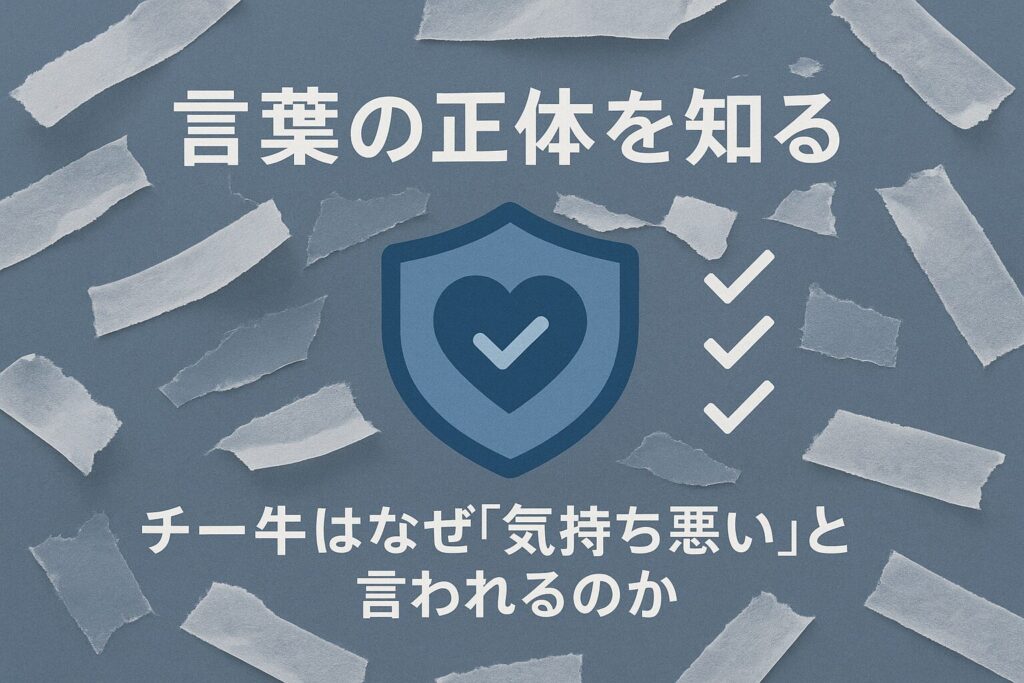 「チー牛」という言葉の正体を解きほぐし心を守る方法を示す啓発記事のアイキャッチ画像。盾のアイコンとラベルが剥がれ落ちるビジュアル