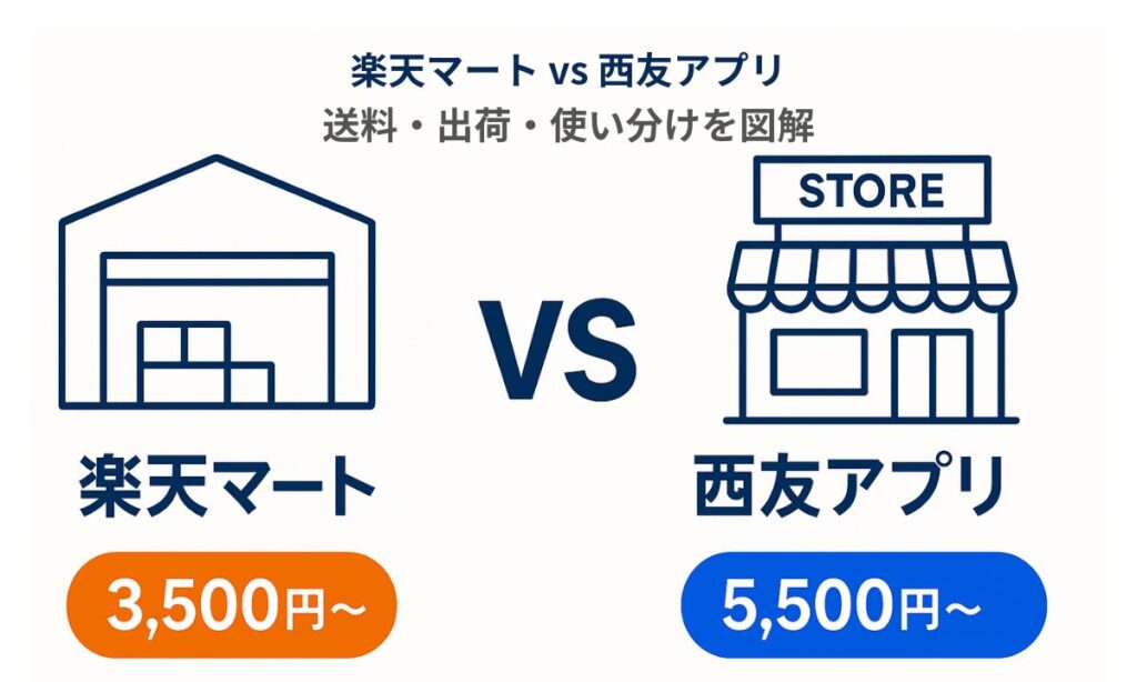 楽天マートと西友アプリの違いを比較した図解。出荷拠点、送料無料ライン、アプリ役割の3つの違いを視覚化