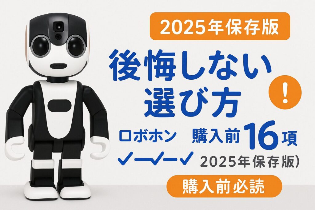 ロボホン購入前チェック16項目のアイキャッチ画像。ロボホンのシルエットとチェックリスト、2025年保存版のテキストが配置され、後悔しない選び方を示す