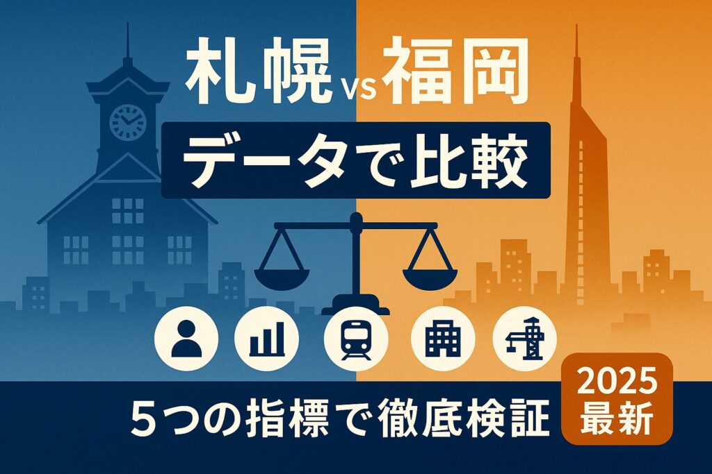 札幌と福岡を人口・経済・交通・オフィス・再開発の5指標で比較する図解、2025年最新の公式統計に基づくデータ比較