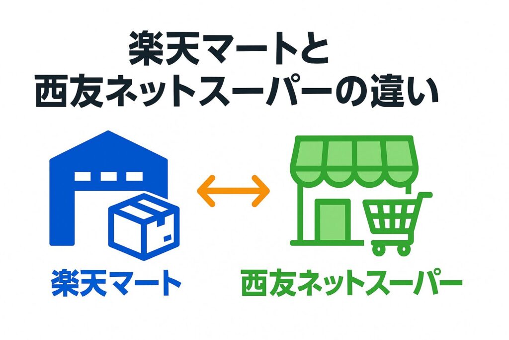 西友ネットスーパーと楽天マートの違いを比較した図解。2024年分離後の送料・出荷形態の違いをまとめたアイキャッチ