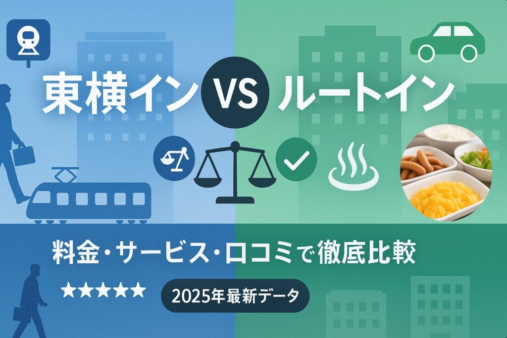 東横インとルートインを比較するアイキャッチ画像。青と緑の左右分割デザインで、左に電車とビジネスマン、右に車と温泉、中央に「VS」の文字。料金・サービス・口コミを比較する2025年最新データを示す。