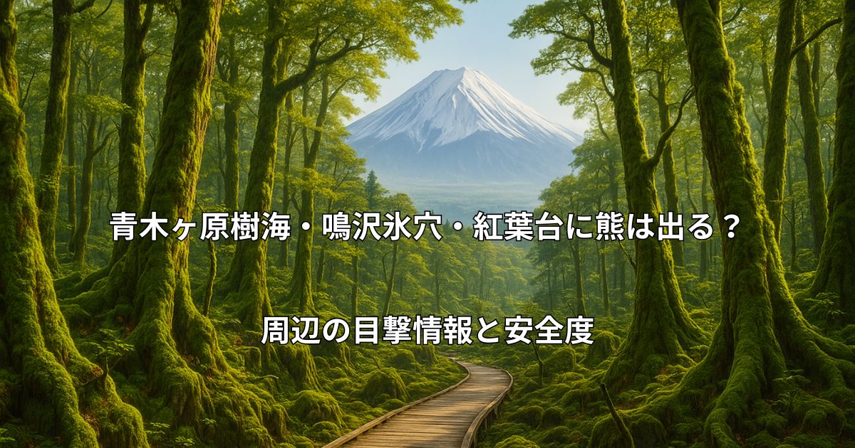 青木ヶ原樹海と富士山の風景、手前に木道の遊歩道が続く原生林