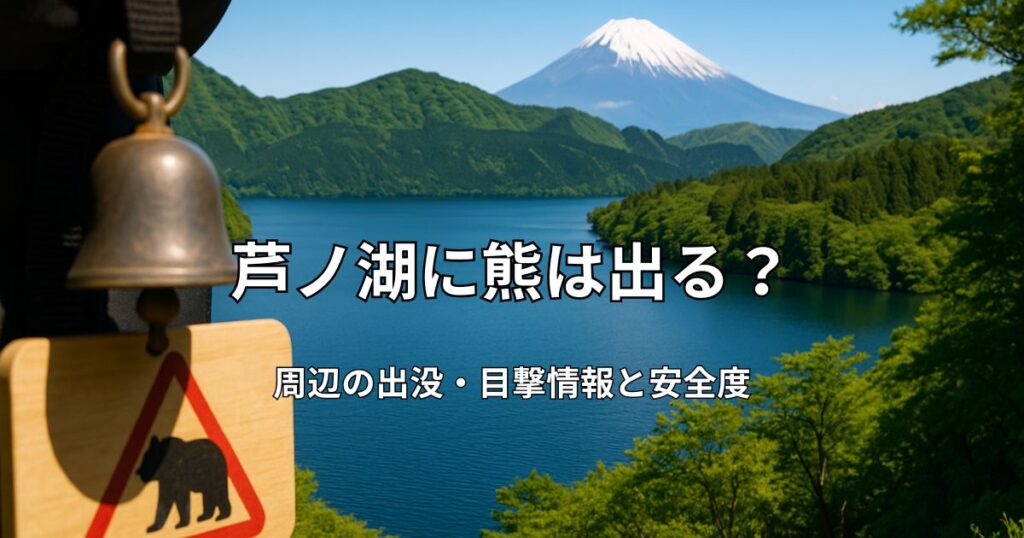 晴天の芦ノ湖と箱根の山々を背景に、ハイキングの安全装備（クマ鈴）を持った様子。観光と野生動物対策の両立イメージ。