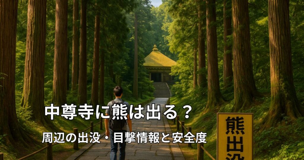 中尊寺の杉並木参道と熊出没注意の看板
