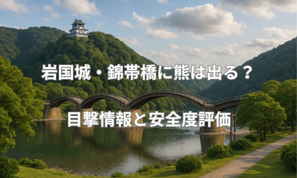 岩国城と錦帯橋の風景写真に熊注意の警告アイコンを重ねた、2025年最新の熊出没情報を示すアイキャッチ画像