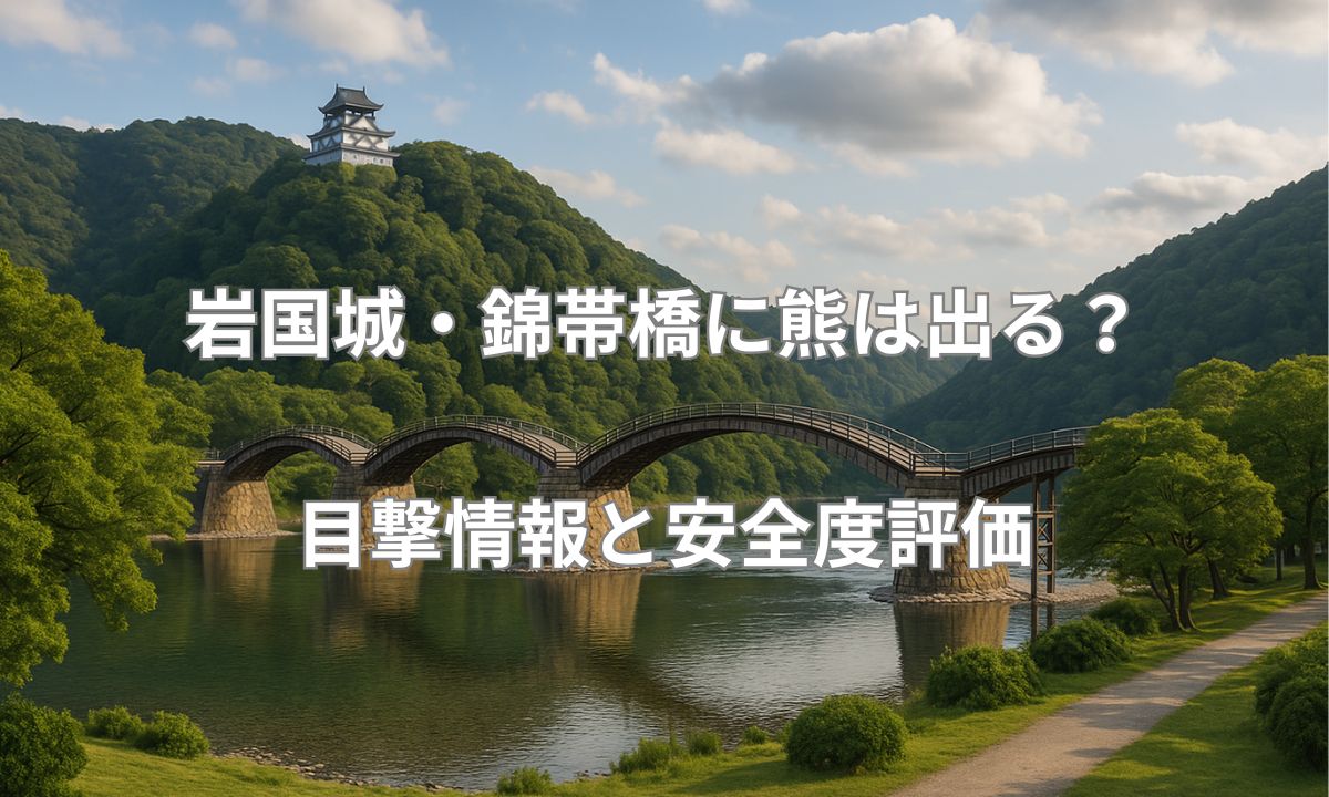 岩国城と錦帯橋の風景写真に熊注意の警告アイコンを重ねた、2025年最新の熊出没情報を示すアイキャッチ画像