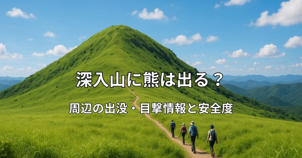 深入山の草原が広がる山頂風景と登山道を歩く人々
