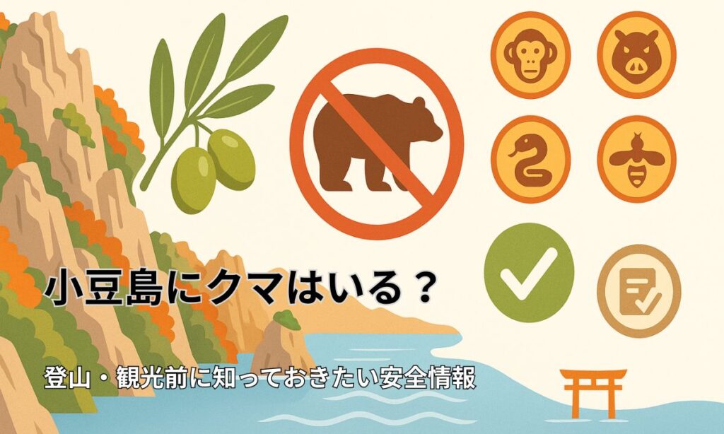 小豆島の象徴である寒霞渓の風景とオリーブの木を背景に、クマ不在を示す禁止マークと注意すべき野生動物（サル・イノシシ・マムシ・スズメバチ）のアイコンを配置した安全情報インフォグラフィック。