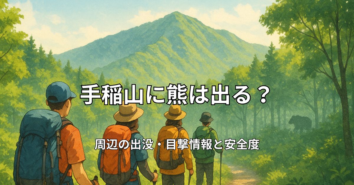 手稲山の登山道を歩く登山者とヒグマの生息する森の風景