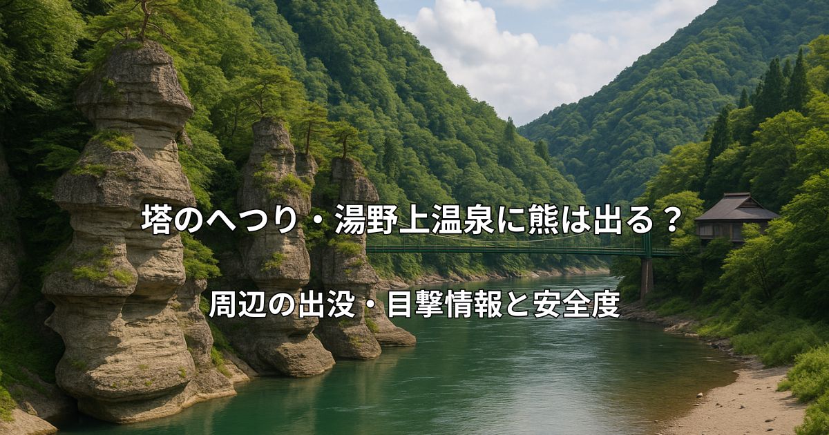 塔のへつりと湯野上温泉周辺の風景・阿賀川沿いの断崖と吊り橋・熊の生息域である山林の様子
