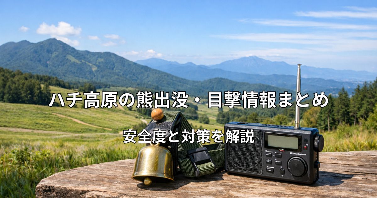 ハチ高原の風景と熊対策グッズ（熊鈴・ラジオ）のイメージ