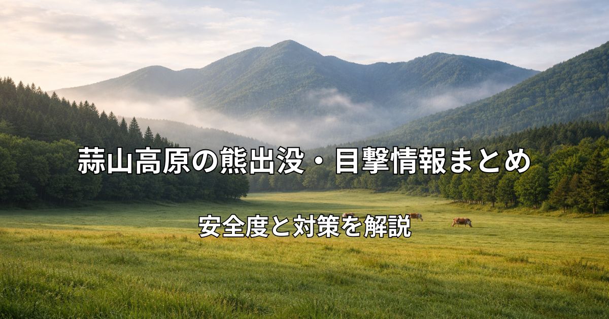 蒜山高原の広々とした牧草地と周囲の山並みの風景