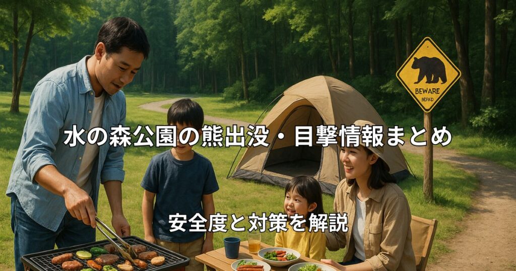 水の森公園キャンプ場の風景とクマ出没注意の看板