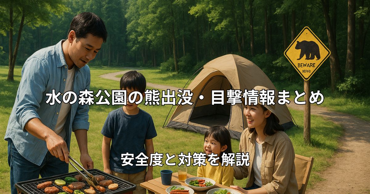 水の森公園キャンプ場の風景とクマ出没注意の看板