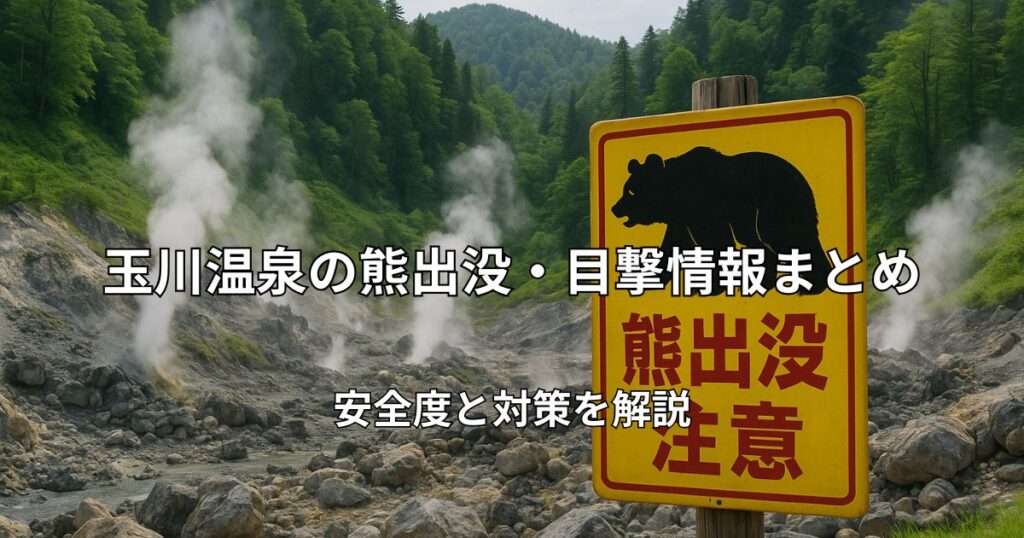 玉川温泉の噴気地帯と熊出没注意の看板、背後に広がる秋田の山林