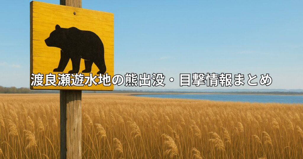 渡良瀬遊水地のヨシ原と熊出没注意の看板