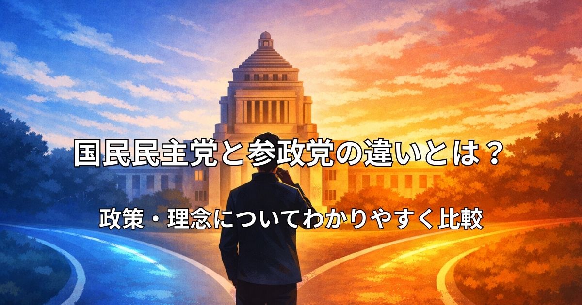 国会議事堂を背景に、青とオレンジの2つの道の分岐点に立つ人物のシルエット