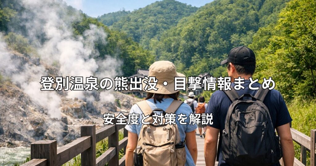 湯けむりが立ち上る登別温泉の遊歩道を歩く観光客の後ろ姿