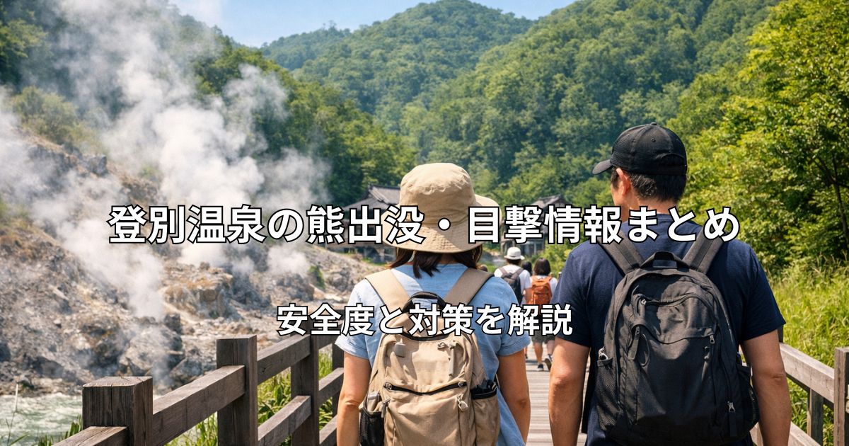 湯けむりが立ち上る登別温泉の遊歩道を歩く観光客の後ろ姿