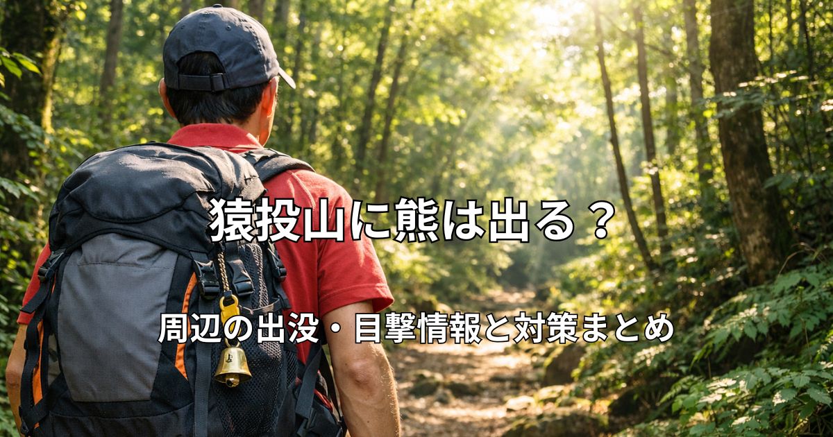 森の登山道を歩くハイカーの後ろ姿、リュックに熊鈴が付いている