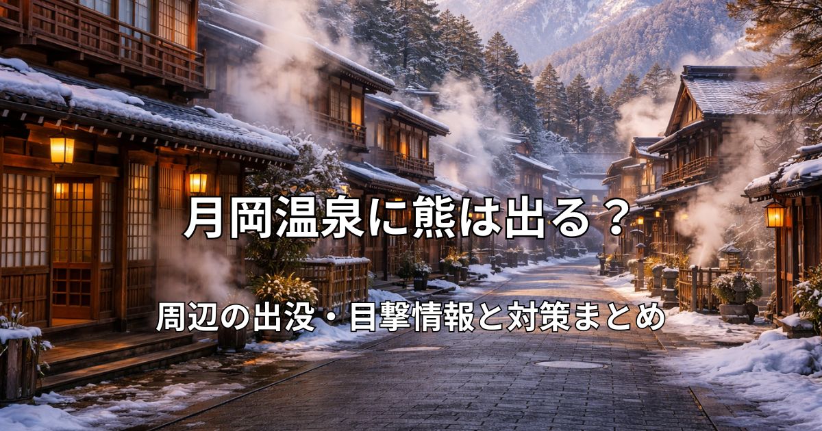 冬の月岡温泉街の風景、湯けむりが立ち上る静かな通りと遠くの雪山