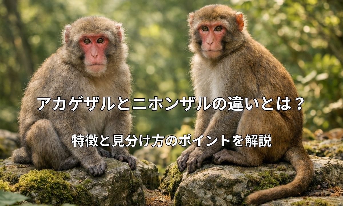 森の中で並ぶ2匹のサル。左はしっぽが短いニホンザル、右はしっぽが長いアカゲザル