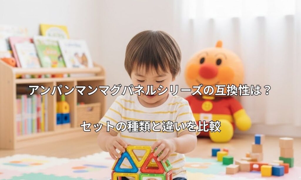 明るい子供部屋で、1.5歳〜3歳くらいの男の子が床に座り、アンパンマンの絵柄がついたマグネットパネルで家を組み立てて遊んでいる様子。背景にはアンパンマンのぬいぐるみと絵本棚がある。