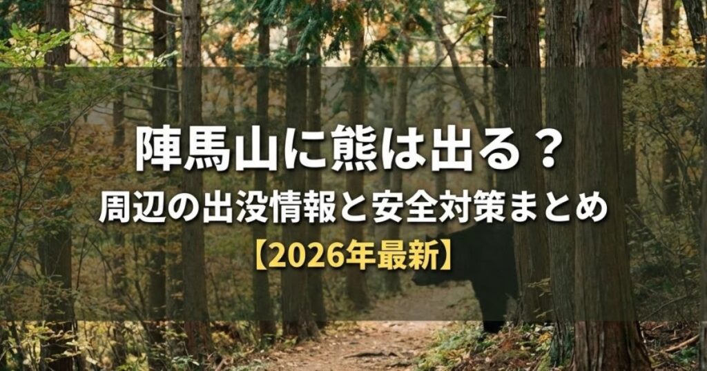 陣馬山の登山道をイメージした木漏れ日の差す林道と、木陰に潜むツキノワグマのシルエット。中央に「陣馬山に熊は出る?周辺の出没情報と安全対策まとめ【2026年最新】」の文字入りアイキャッチ画像。
