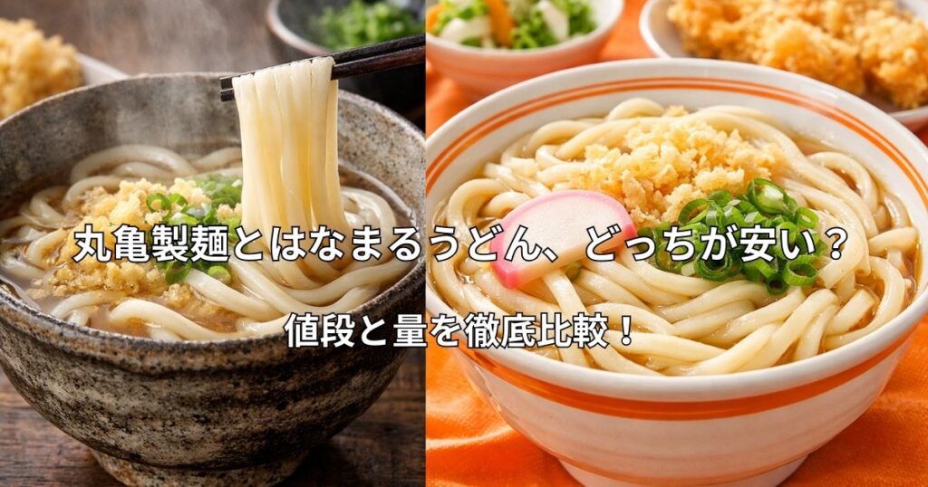 丸亀製麺の本格的な釜揚げうどんとはなまるうどんのリーズナブルなかけうどんを左右に並べた比較イメージ画像
