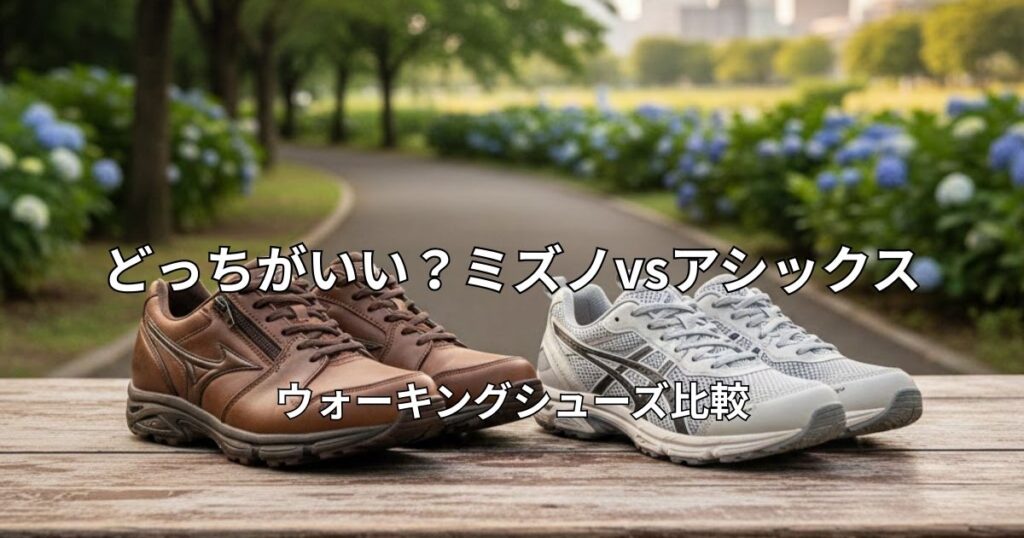 公園の遊歩道を背景に、木製のベンチの上に並べて置かれたミズノの茶色のレザーシューズと、アシックスのグレーのメッシュスニーカー。