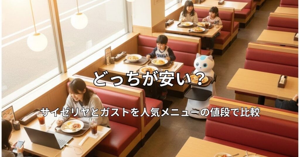 明るいファミリーレストランの店内の全景。手前の席でノートパソコンを広げる女性と、奥の席で食事を楽しむ親子連れ。通路を移動する可愛らしいネコ型配膳ロボットの様子。
