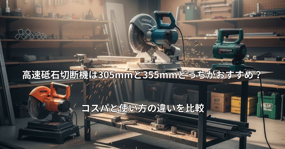 明るい日差しが差し込むDIY作業場で、作業台に設置された高速切断機と、周囲に並ぶ金属パイプや工具の風景。