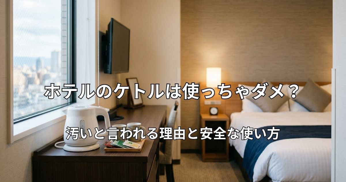 ホテル客室のデスクに置かれた清潔感のある白い電気ケトルとマグカップ。背景にはベッドが見える落ち着いた部屋の風景。