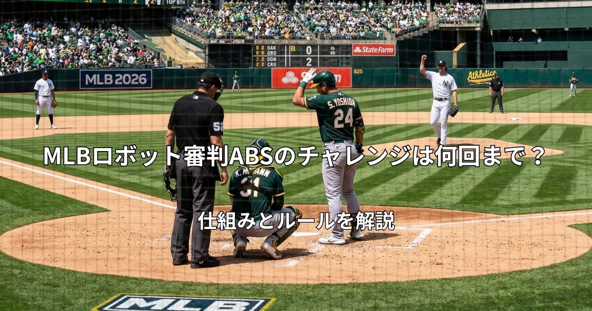 2026年のMLBの試合で、バッターが右手の平でヘルメットの頭頂部を叩き、ロボット審判へのチャレンジを要求している球場全体の風景