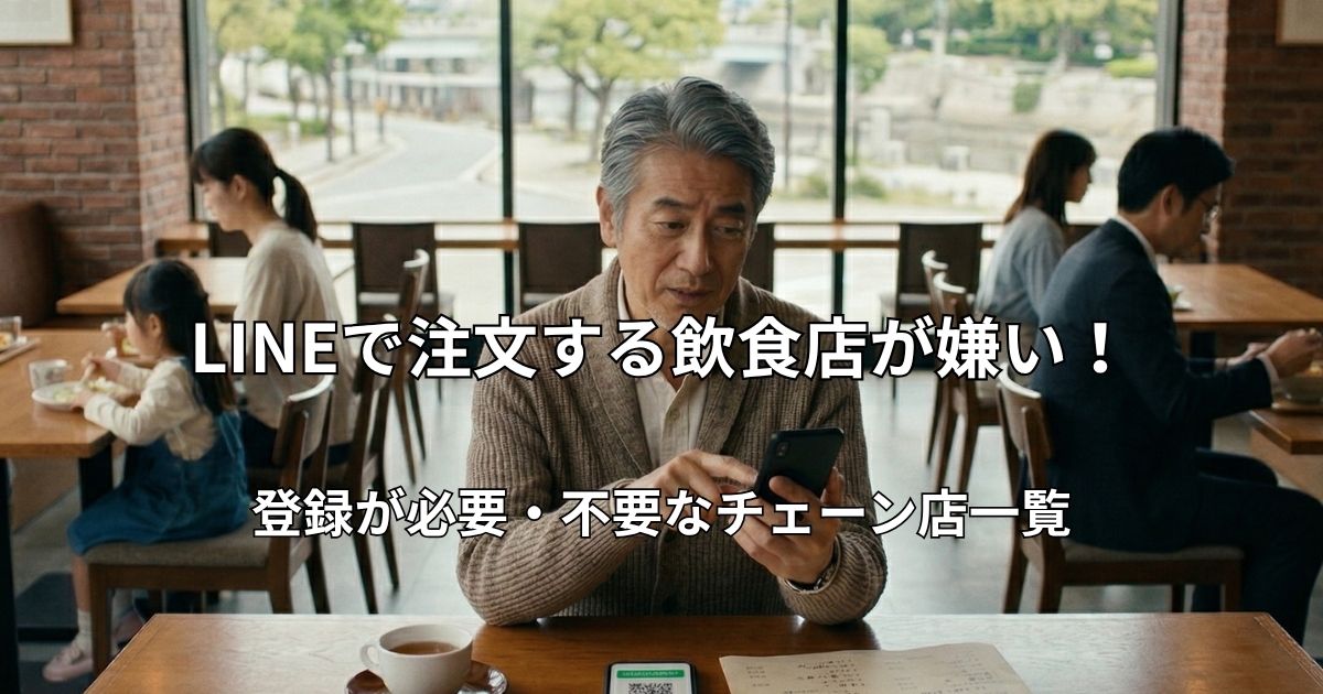飲食店でスマートフォンの注文画面を操作しながら、少し困った表情で画面を見つめるシニア男性。テーブルにはメニューとQRコードが置かれている。