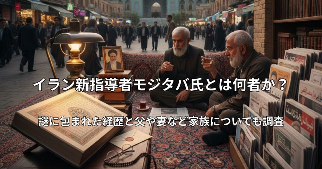夕暮れ時のイランの街並みと美しいモスクを背景に、絨毯の上で新聞を広げて話し込む年配の男性たち。手前には古い書籍や眼鏡、手紙が置かれ、静かだが重大な変化が起きている歴史的な雰囲気を表現した画像。