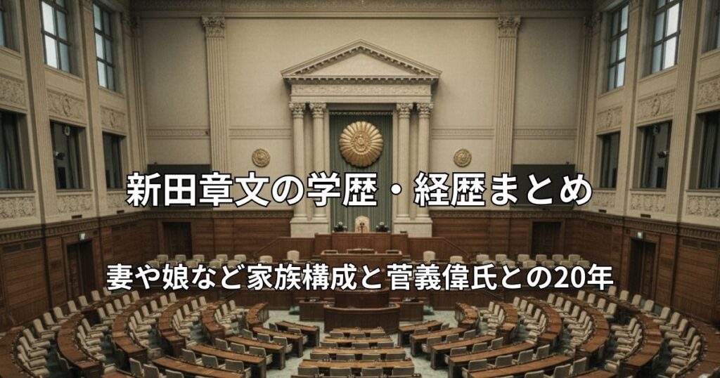 国会議事堂の衆議院議場を俯瞰した写真。中央に「新田章文の学歴・経歴まとめ 妻や娘など家族構成と菅義偉氏との20年」という記事タイトルが入ったアイキャッチ画像。